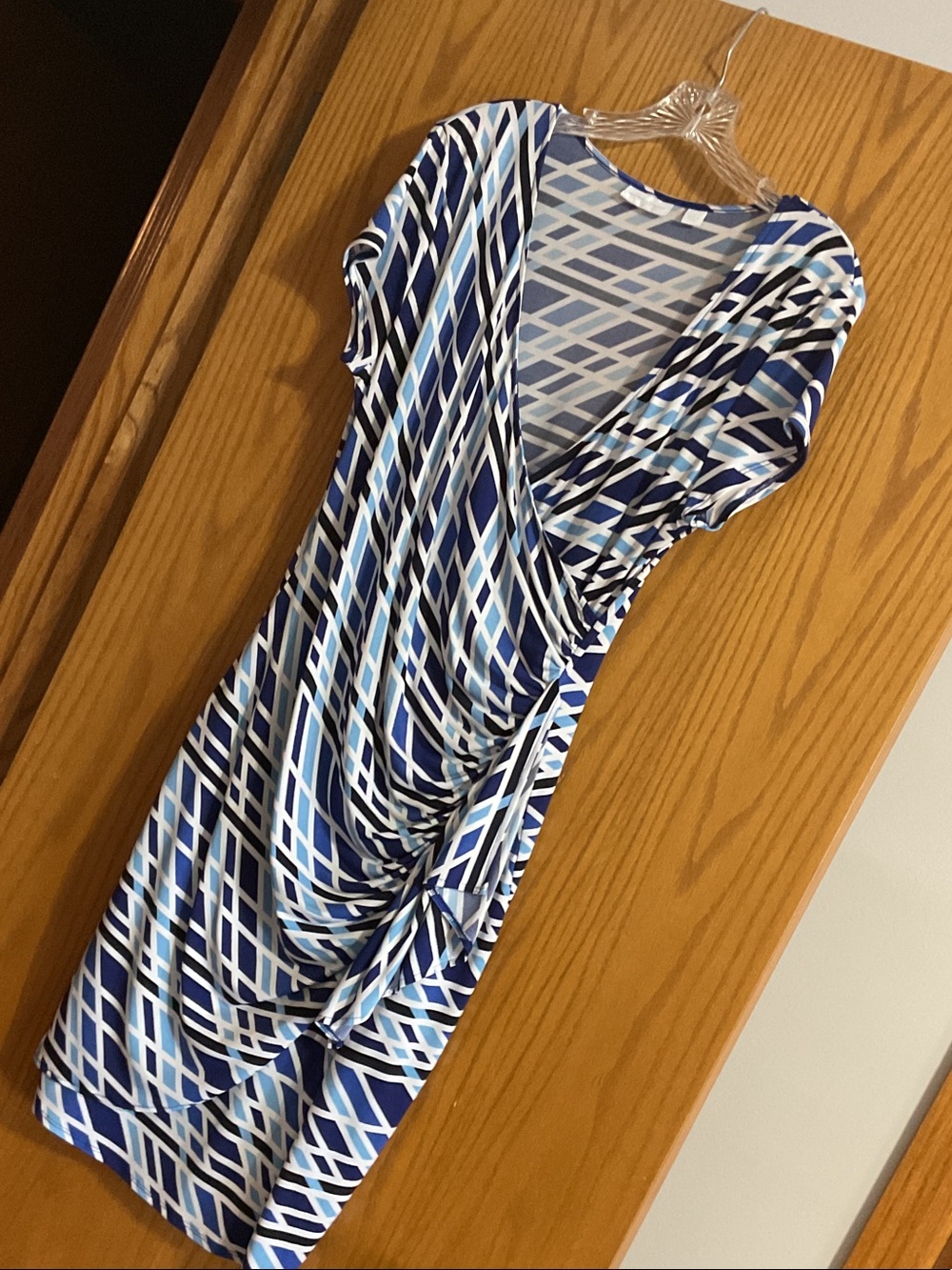 New York & Company Blue and White Geometric Wrap Dress